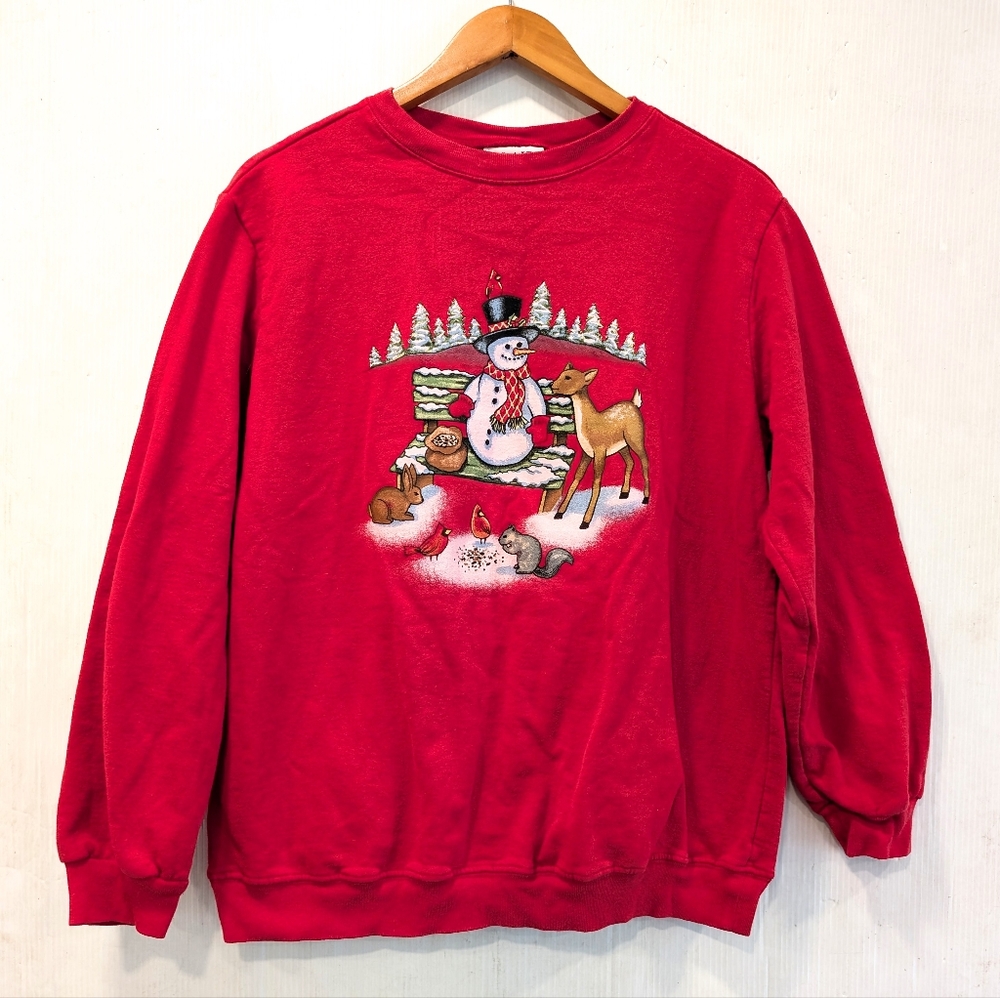 VINTAGE Blair Red Christmas Crewneck Snowman and Wildlife Graphic Sweatshirt